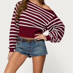 Red Off Shoulder Long Sleeve Stripes Pullovers Top