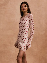 White Polka Dot Long Sleeve Sheer Mini Dress