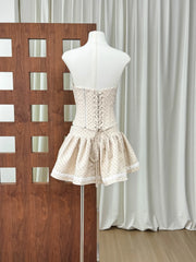 Dotted Strapless Lace Trim Corset Top And Mini Skirt Set