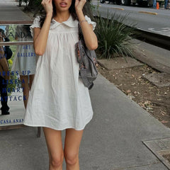 White Doll Collar Short Sleeve Babydoll Mini Dress