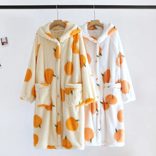 Fruit Print Plush Hooded Bathrobe Lougewear