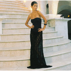 Black Lace Sheer Patchwork Tube Bodysuit Maxi Dress
