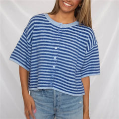Striped Fuzzy Short Sleeve Round Neck Button Cropped Top