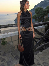 Black Satin Open Back Halter Leopard Sequins Patchwork Maxi Dress