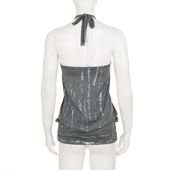 Grey Silver Foil Halter Top With Ring Detail