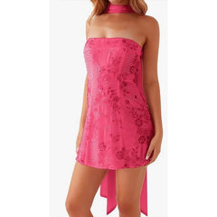 Sequin Beaded Tube Mini Dress with Scarf