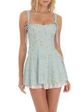 Floral Print Tie Up Strap Pleated Hem Mini Dress