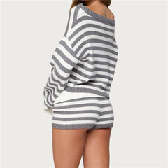 Stripe Knitted Long Sleeve Off-shoulder Pullovers And Shorts Set