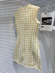 Plaid Square Neck Button Mini Dress