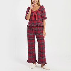 Red Tartan Plaid Ruffle Bow Puff Sleeve Top And Long Pants Pajama Set