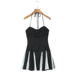 Black Polka Dot Lace Patchwork Ruffle Hem Strappy Mini Dress