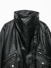 Black Faux Leather High Neck Zipper Biker Jacket