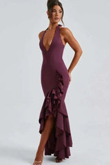 Deep V-neck Ruffles High Split Maxi Dress