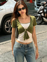 Tie-Up Contrast Short Sleeve T-shirt