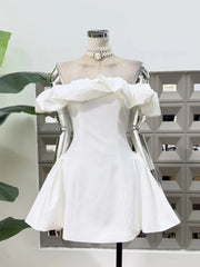 White Corset Fold Over Neckline Flared Hem Mini Dress