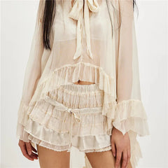 Layered Ribbon Decor Ruched Shorts