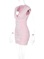 Pink Deep V-Neck Cap Sleeve Bodycon Satin Patchwork Mini Dress