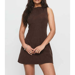 Brown Boat Neck Sleeveless with Bow Tied Belted Back Mini Dress