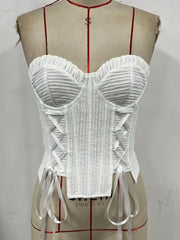 White Pleated Texture Lace Up Strapless Corset Top