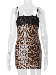 Leopard Sequin Print Spaghetti Strap Patchwork Mini Dress