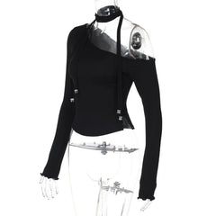 Black One-Shoulder Long-Sleeve Tassel Scarf Top