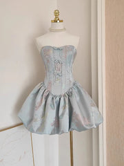 Floral Embroidery Strapless Puff Hem Mini Dress