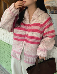 Stripe Knit Zipper Collar Sweater
