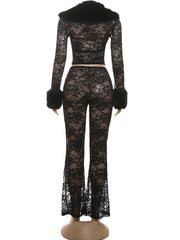 Black Lace Sheer Furry Patchwork Jacket And Pants Set
