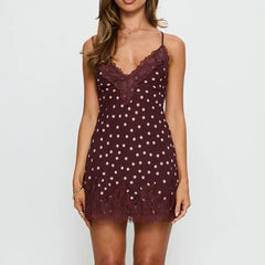 Brown Dotted Lace Trim Tie Up Mini Dress