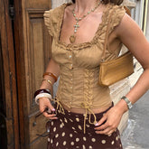 Brown Lace Up Short Sleeve Buttoned Top
