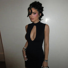 Hollow Out High Collar Bodycon Sleeveless Mini Dress