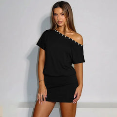 Button Applique Diagonal Collar Short Sleeve T-shirt Dress