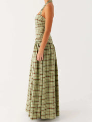 Green Plaid Halter Maxi Dress