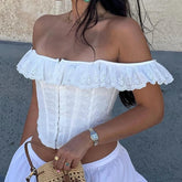 Ruffles Off Shoulder Eyelet Corset Crop Top