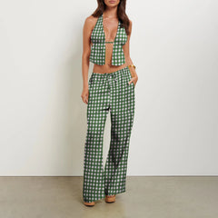 Stripe Tie-Up Halter Neck Backless Tank Top And Wide-Leg Pants Set