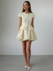 Tweed Puffy Sleeve Shirt And Bubble Skirt Set