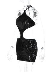 Black Sequin Cut Out Halter Mini Dress