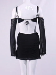 Black Mesh Off Shoulder Cut out Tie up Mini Dress