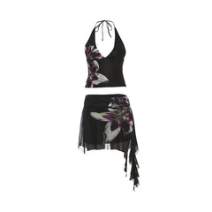 Black Flower Print Halter Tank Tops And Tassel Mini Skirts Set