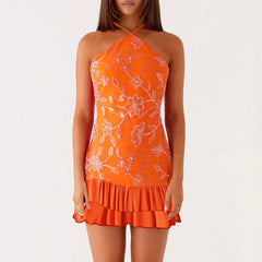 Sequin Halter Neck Frill Mini Dress