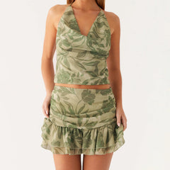 Leaf Print Halter Top and Mini Ruffle Skirt Set