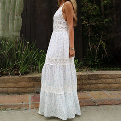 White Printed Lace Patchwork Maxi Dress