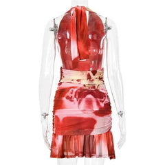 Printed Deep Halter Ruched Pleated Hem Mini Dress