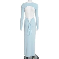 Open Back Long Sleeve Lace Up Maxi Dress