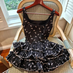 Black Square Neck Bow Printed Frill Bloomer Mini Dress