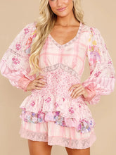 Pink Long Sleeve Floral Patchwork Tiered Mini Dress
