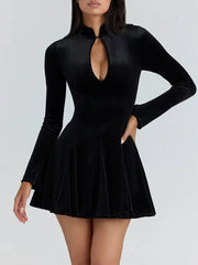 Black Velvet Stand Collar Long Sleeve Mini Dress