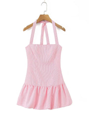 Stripe Halter Smocked Puff Hem Mini Dress