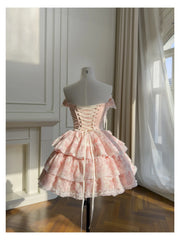 Pink Lace Up Strapless Bow Pearl Desgin Tiered Mini Dress
