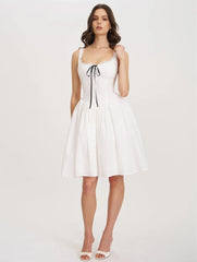White Lace Trim Ribbon Bow Front A-Line Mini Dress